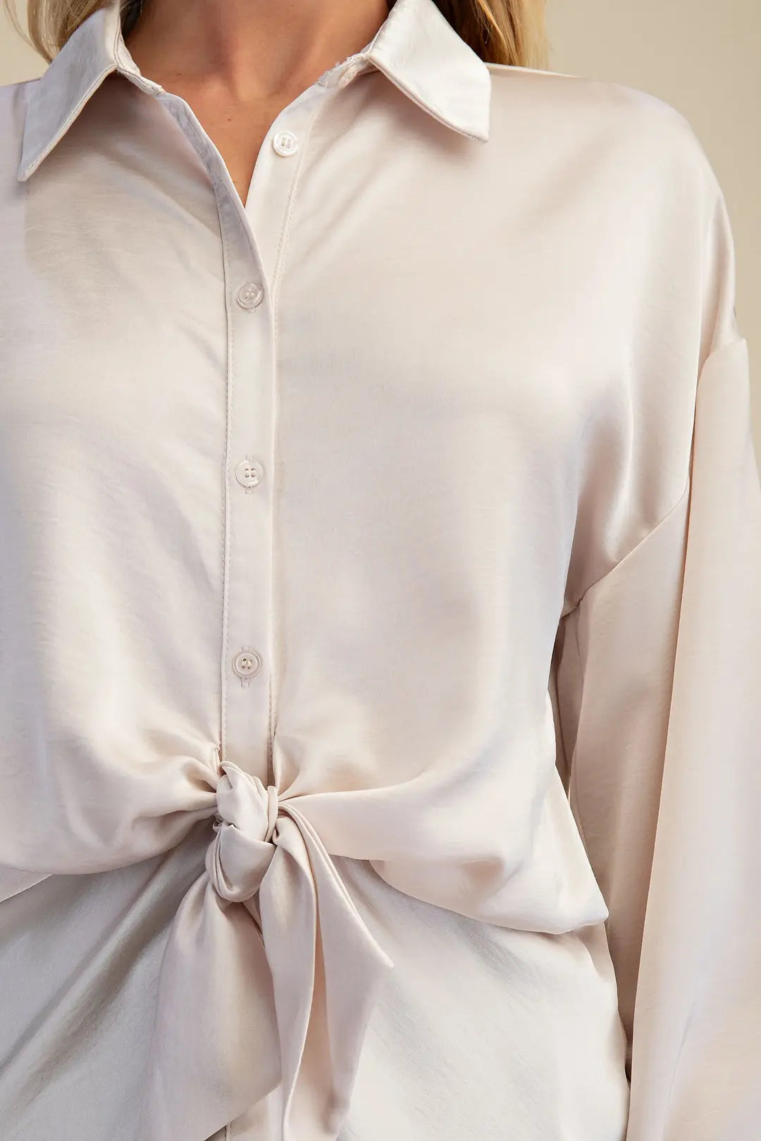 IVORY FRONT TIE DETAIL LONG SLEEVE SATIN BUTTON UP TOP
