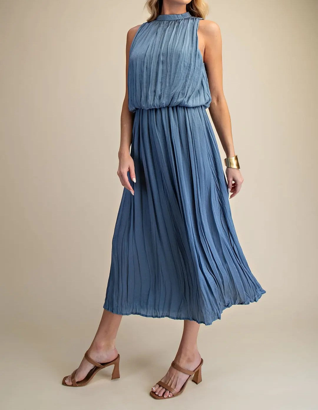 SLATE PLEATED SLEEVELESS SOFT MIDI DRESS