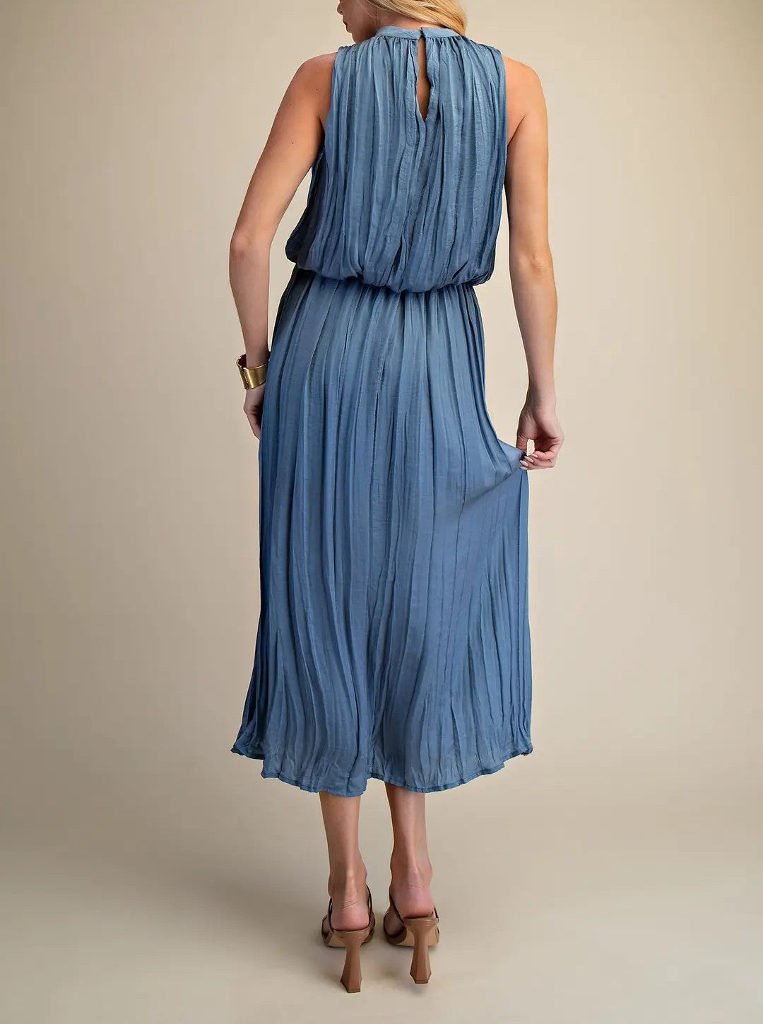 SLATE PLEATED SLEEVELESS SOFT MIDI DRESS