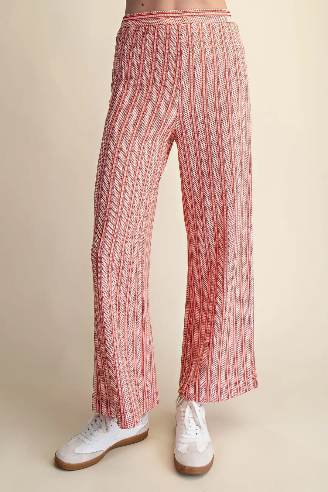 RED VERTICAL RIBBED TEXTURED ELASTIC WAIST RELAXED STRAIGHT LEG PANTS