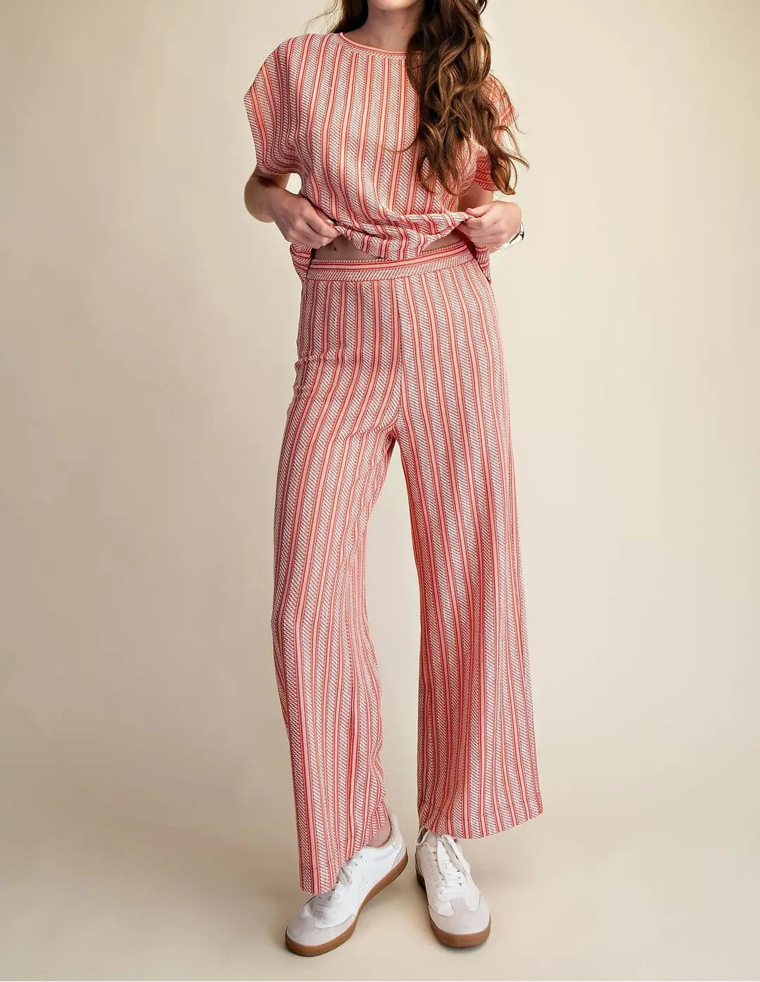 RED VERTICAL RIBBED TEXTURED ELASTIC WAIST RELAXED STRAIGHT LEG PANTS