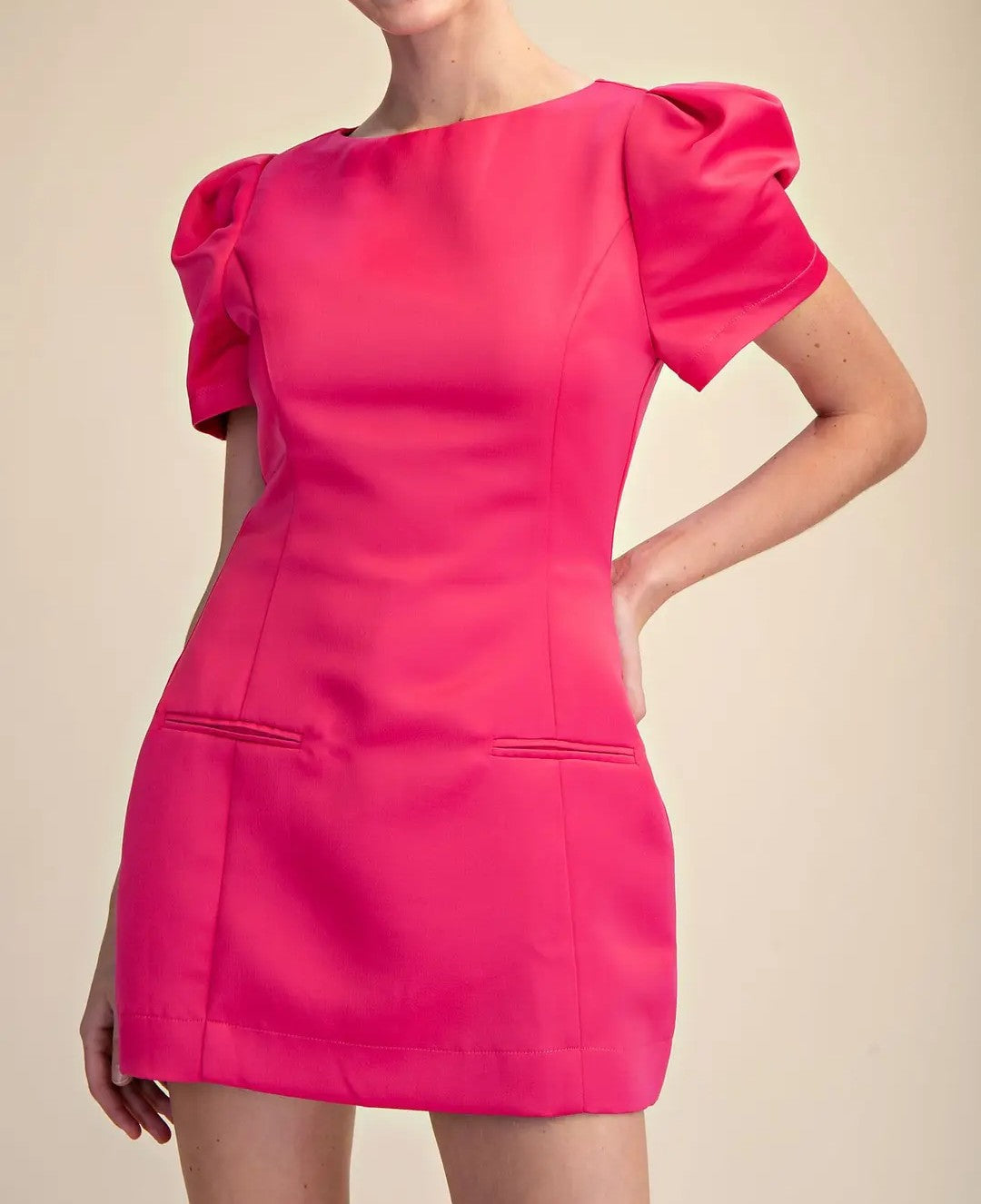 FUCHSIA CURVED WAIST SHORT PUFF SLEEVE MINI DRESS