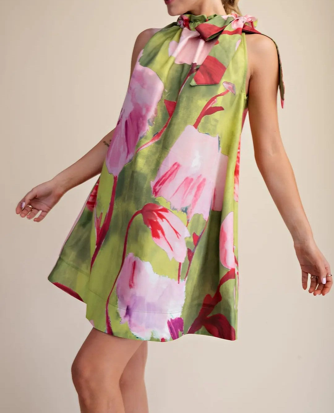LIME FLORAL PRINT ADJUSTABLE RUFFLE NECKTIE SLEEVELESS MINI DRESS