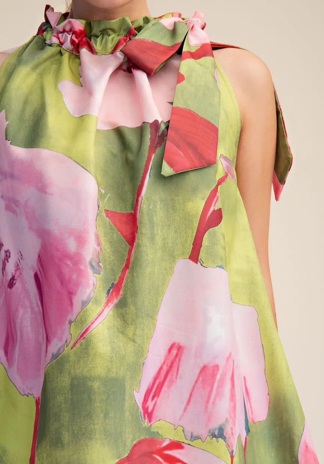 LIME FLORAL PRINT ADJUSTABLE RUFFLE NECKTIE SLEEVELESS MINI DRESS