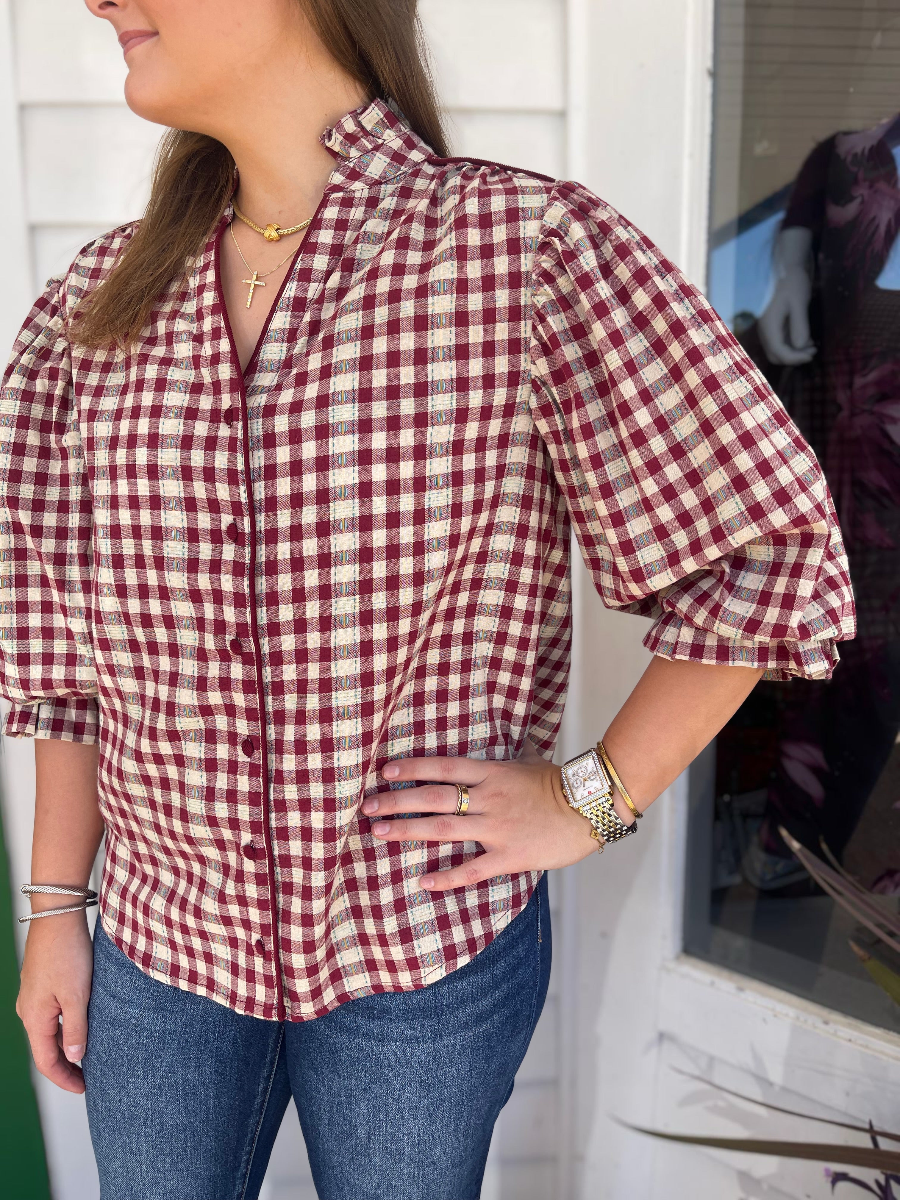 WINE CHECKERED PRINT BUTTON DOWN GATHERED SLEEVE TOP