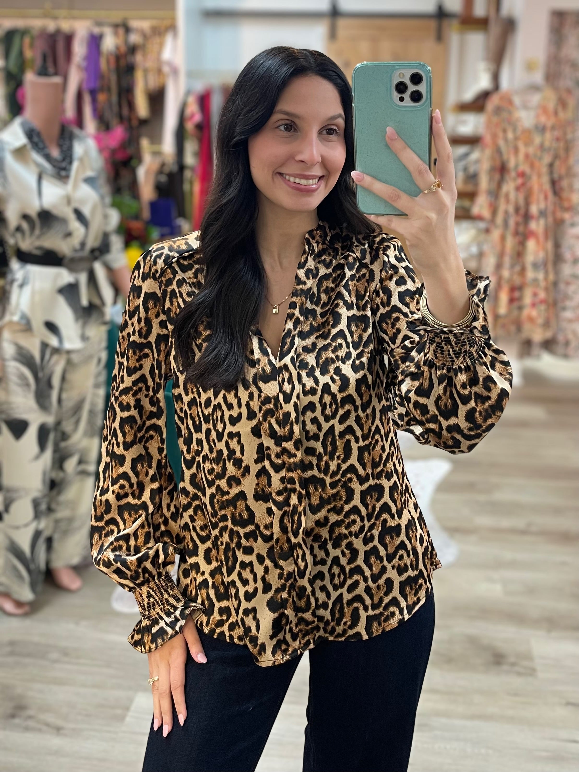 BROWN LEOPARD PRINT LONG BALLOON SLEEVE TOP