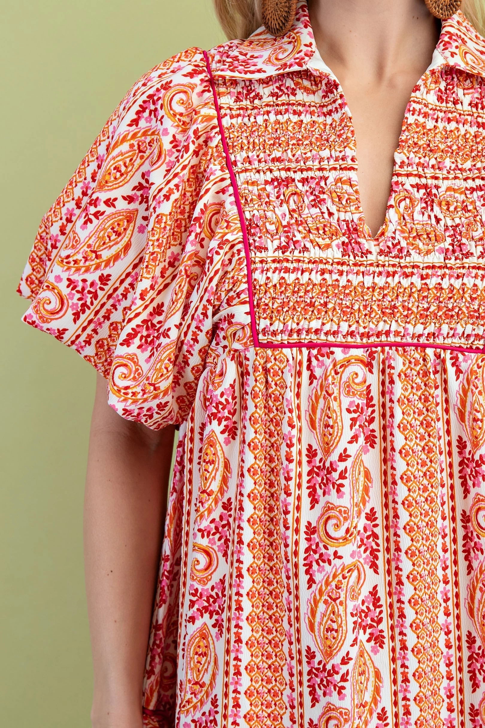 PINK MIXED PAISLEY PRINT SMOCKED FRONT YOKE PUFF SLEEVE MINI DRESS