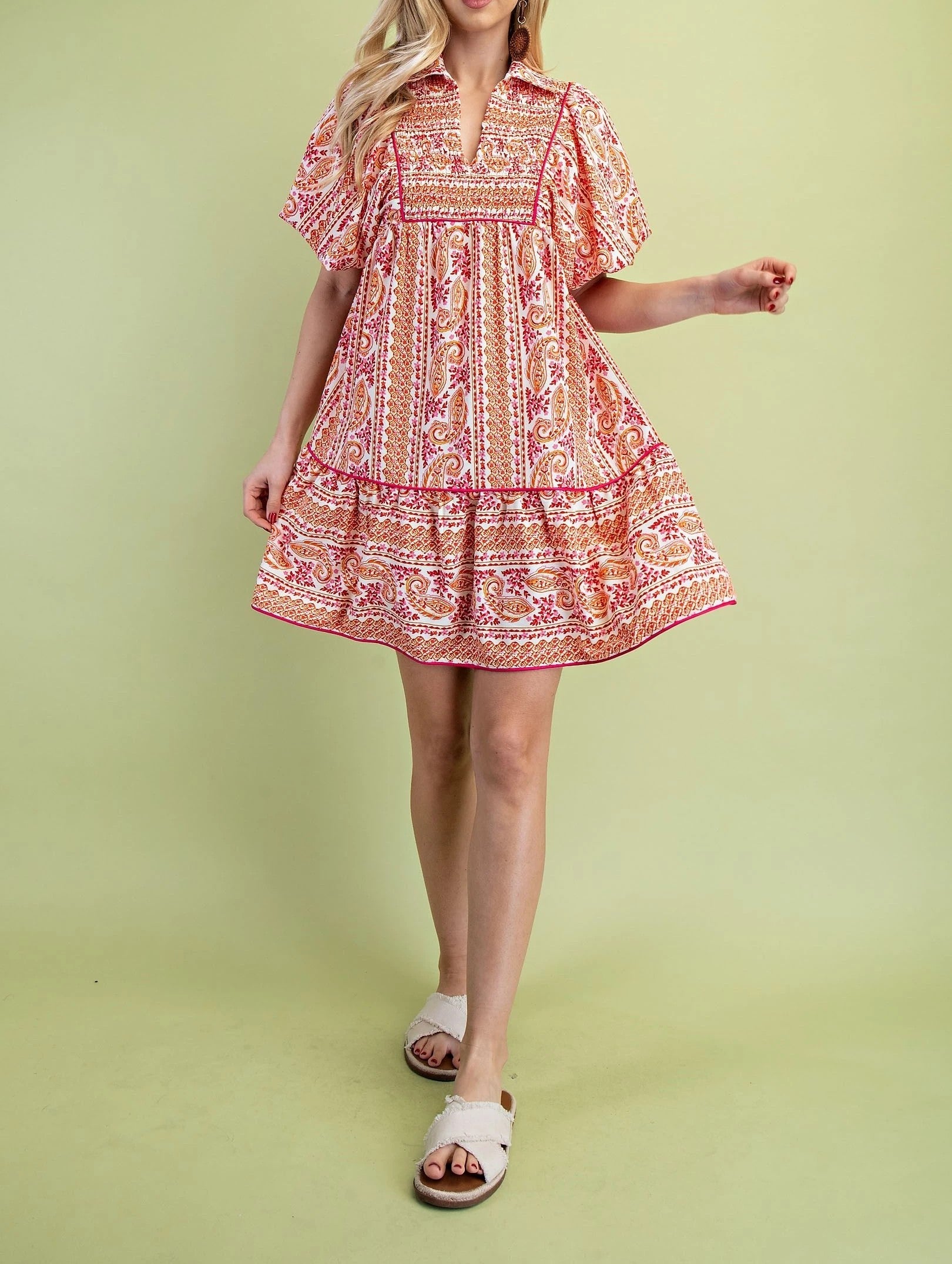 PINK MIXED PAISLEY PRINT SMOCKED FRONT YOKE PUFF SLEEVE MINI DRESS