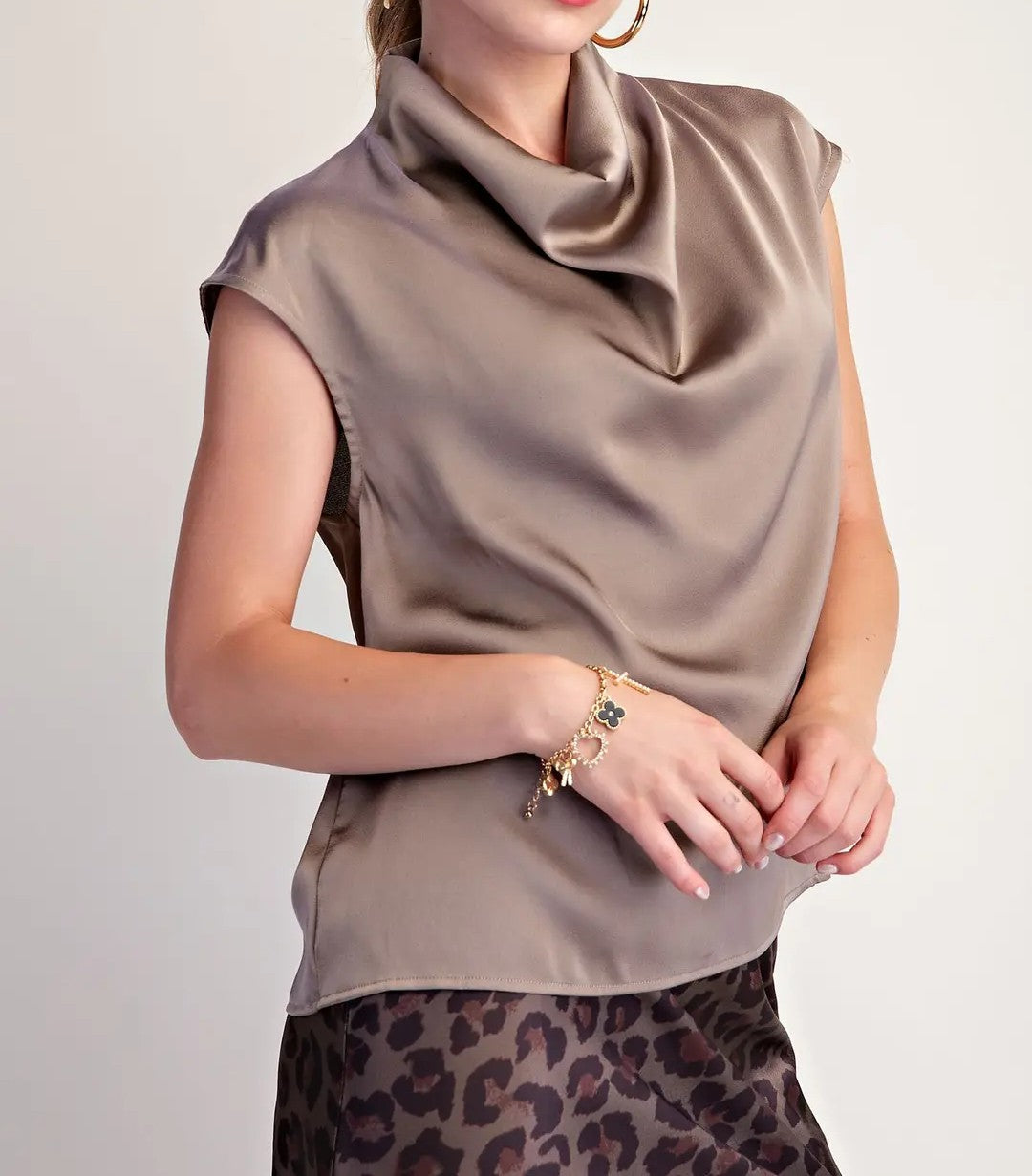 MOCHA SATIN COWL NECK SLEEVELESS TOP