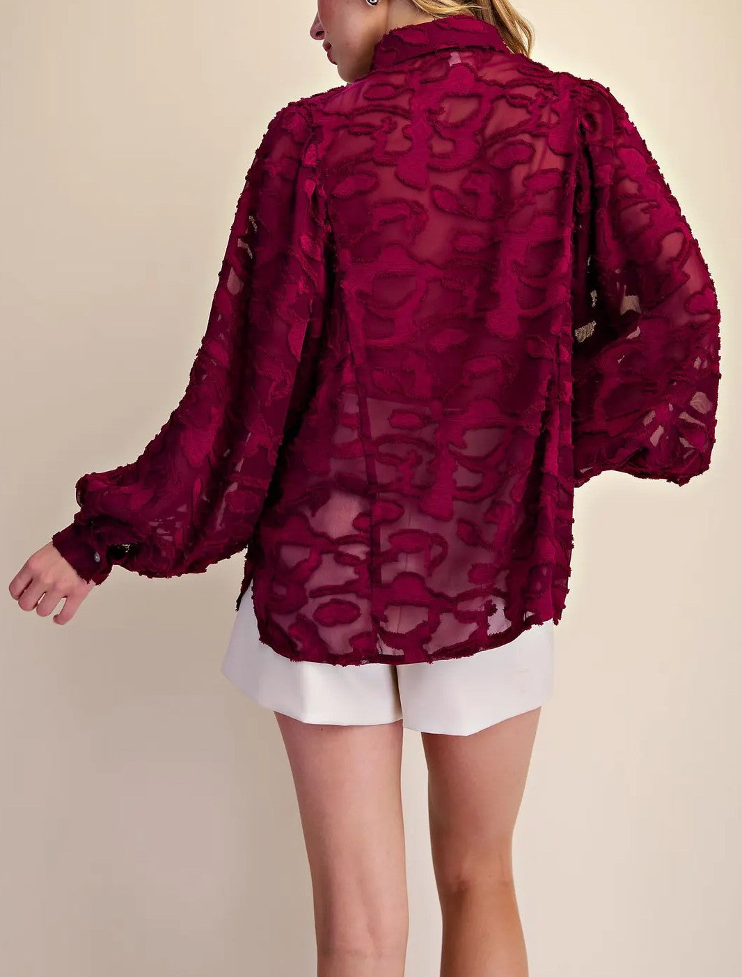 BURGUNDY SHEER EMBROIDERED TULLE LACE LONG PUFF SLEEVE BUTTON UP TOP
