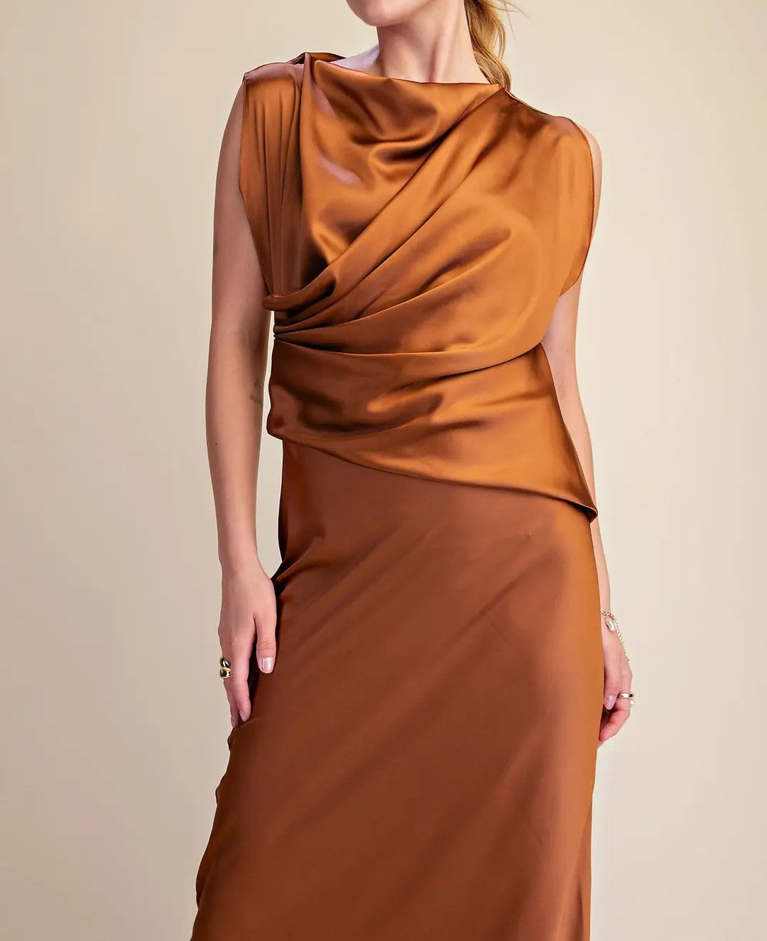 COPPER BROWN SATIN HIGH NECK DRAPED MAXI DRESS