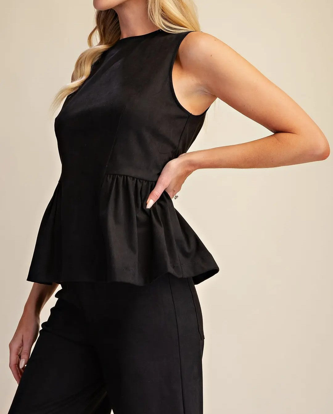 BLACK SUEDE SLEEVELESS PEPLUM TOP