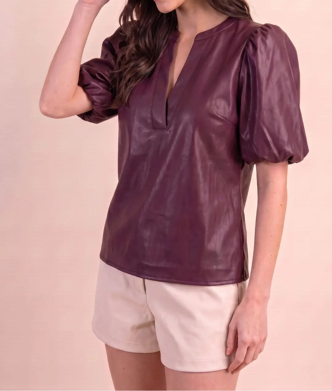 BURGUNDY FAUX LEATHER VNECK SHORT PUFF SLEEVE TOP