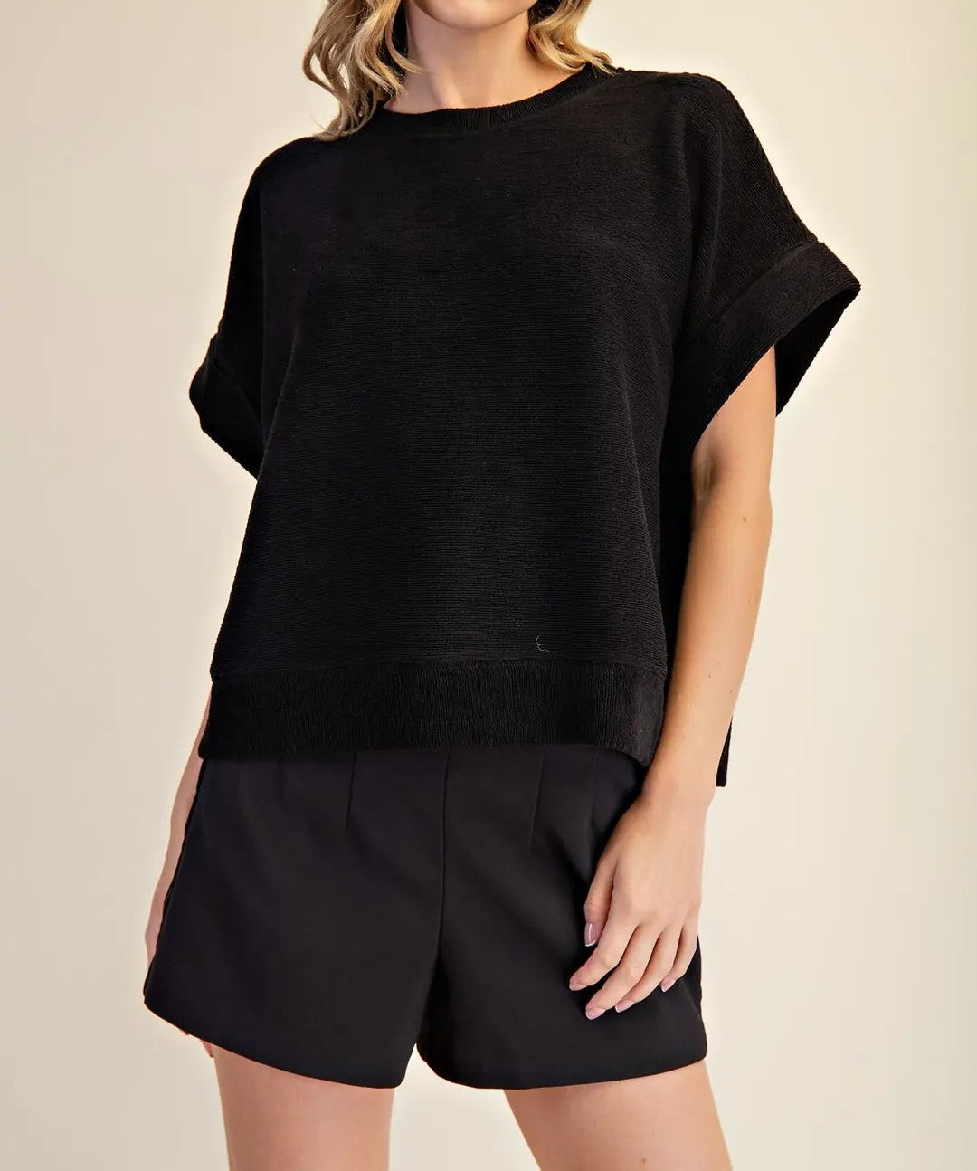 BLACK SOFT TEXTURED BRUSH DROPSHOULDER SHORT SLEEVE TOP