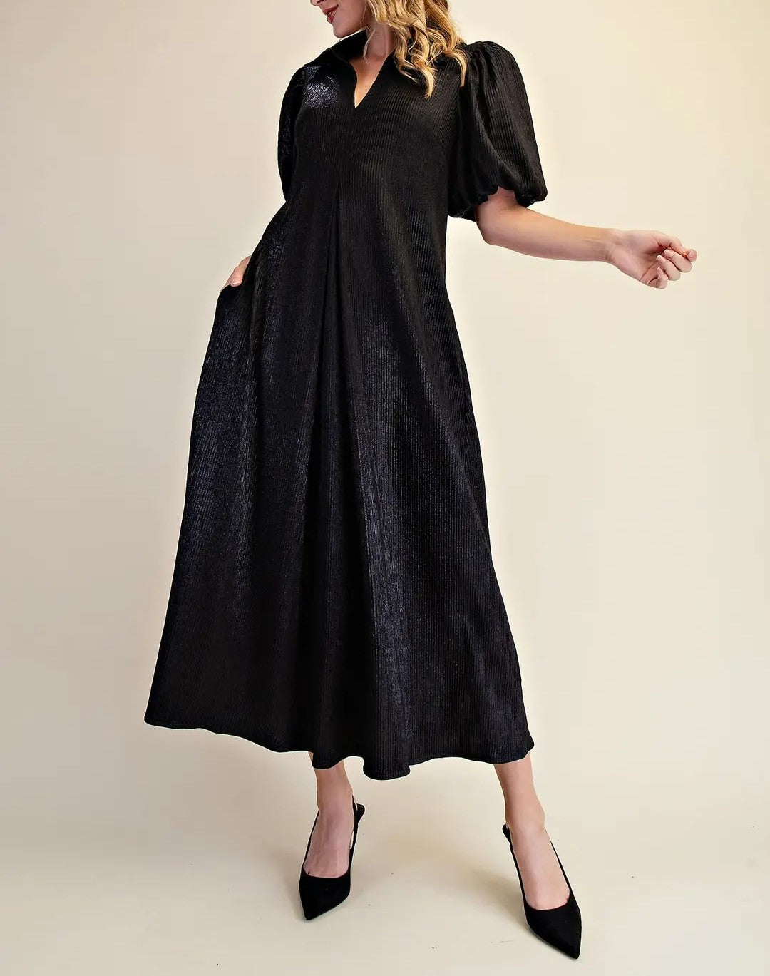 BLACK PLEATED LUREX COLLARED VNECK SHORT PUFF SLEEVE MIDI DRESS