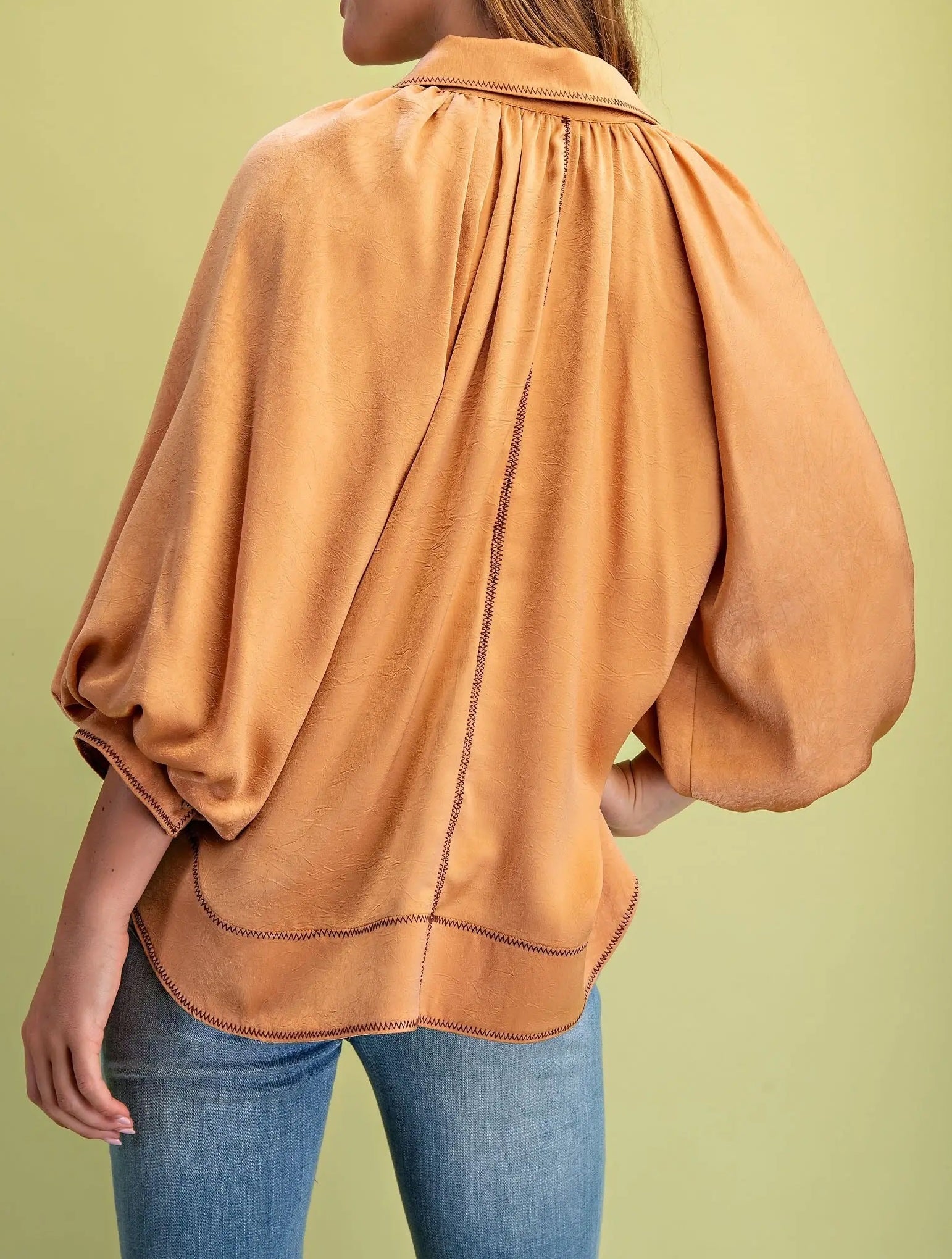 CAMEL SATIN CONTRAST STITCH BALLOON SLEEVE BUTTON DOWN BLOUSE