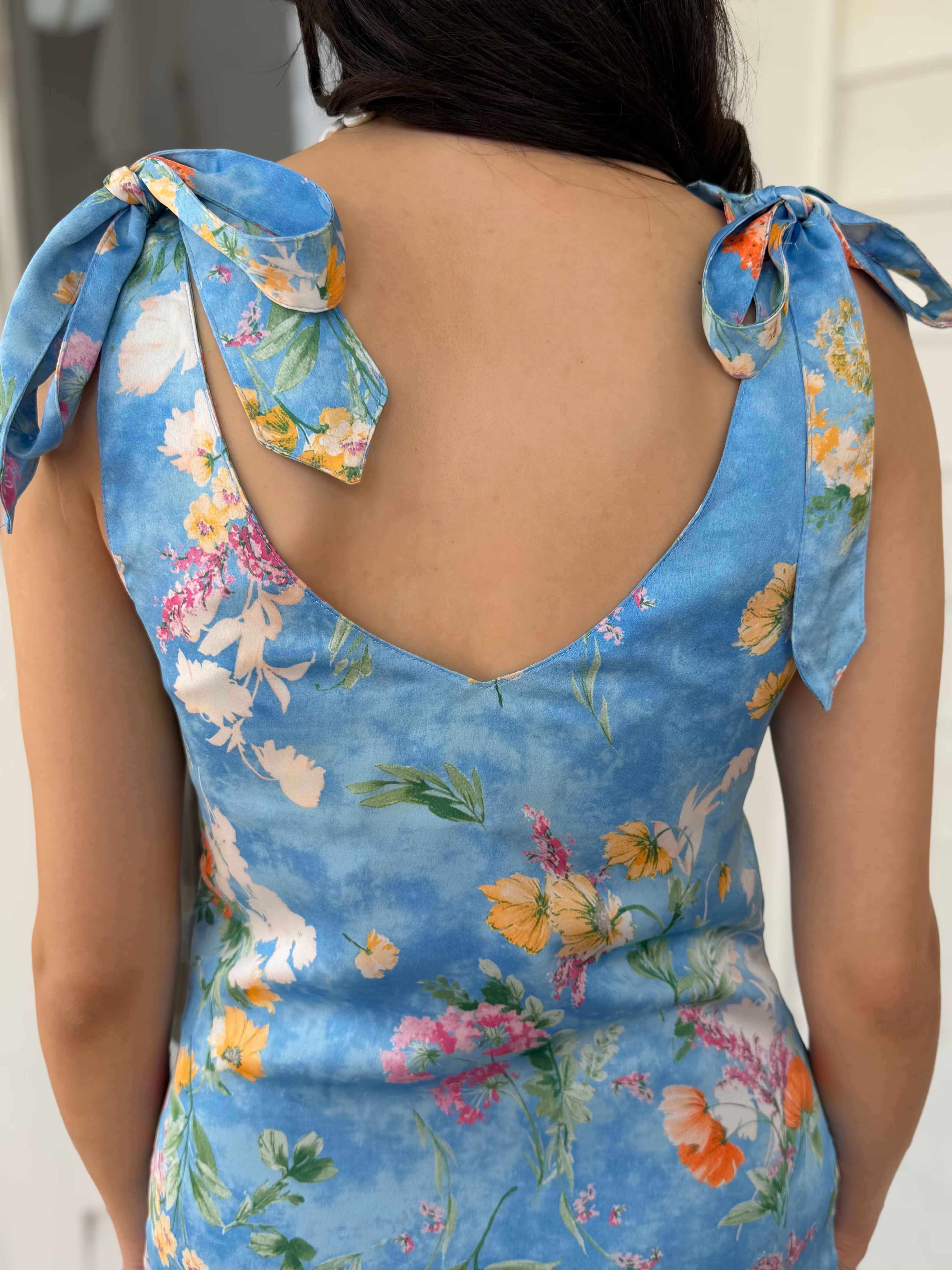 BLUE MULTI FLORAL PRINT COWL NECK SLEEVLESS TIE SHOULDER SATIN MIDI DRESS
