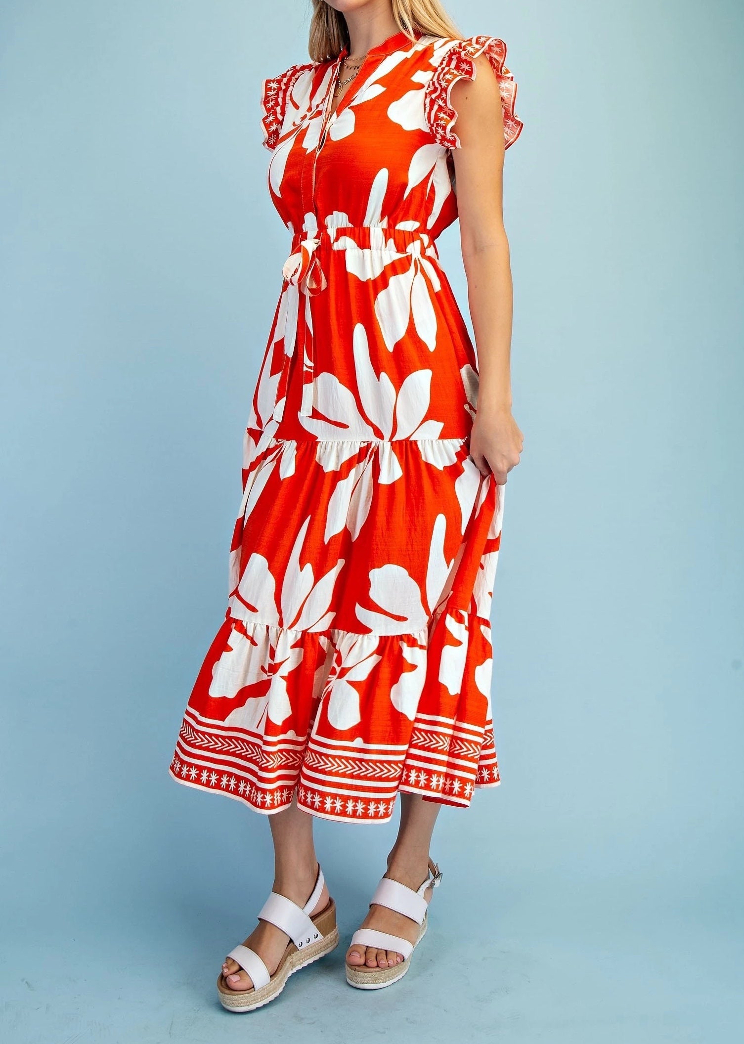 ORANGE FLORAL PRINT RUFFLE SLEEVE TIERED MIDI DRESS