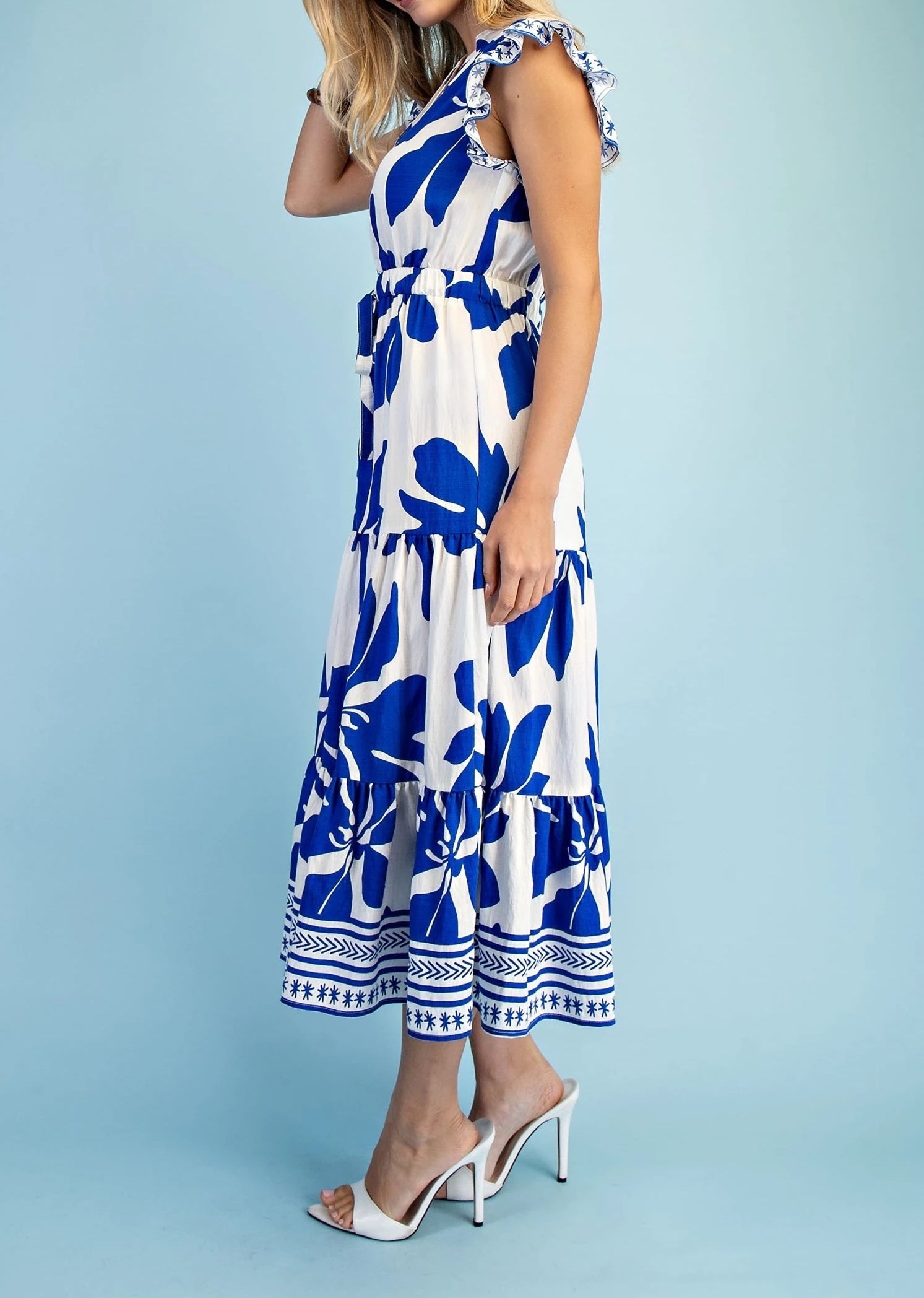 ROYAL BLUE FLORAL PRINT RUFFLE SLEEVE TIERED MINI DRESS
