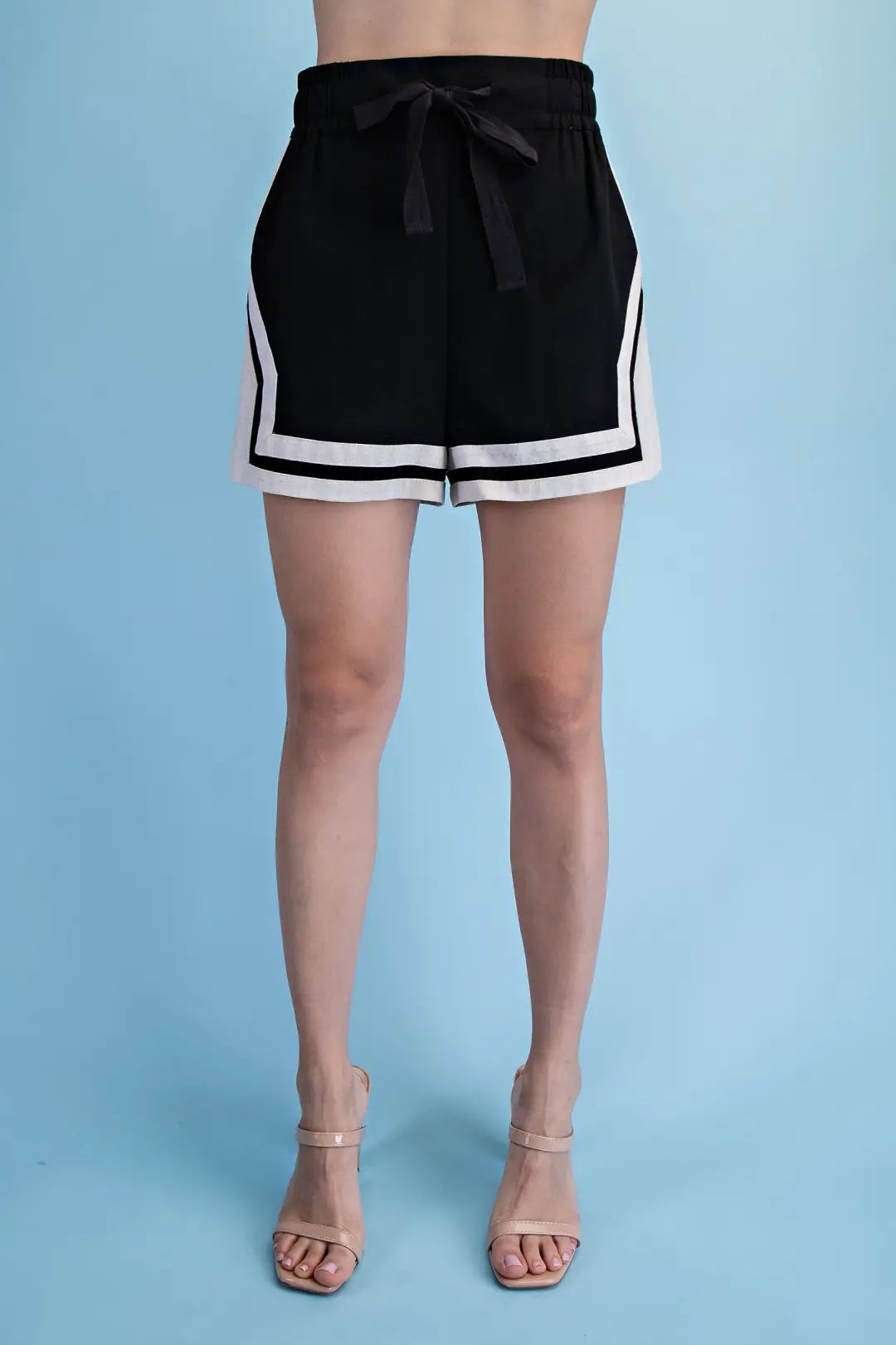 BLACK & BEIGE CONTRAST STRIPE WOVEN LINEN TIE-WAIST SHORTS