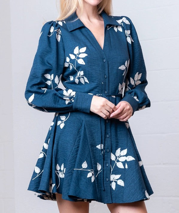 NAVY/WHITE EMBROIDERED LONG SLEEVE BUTTON DOWN MINI DRESS