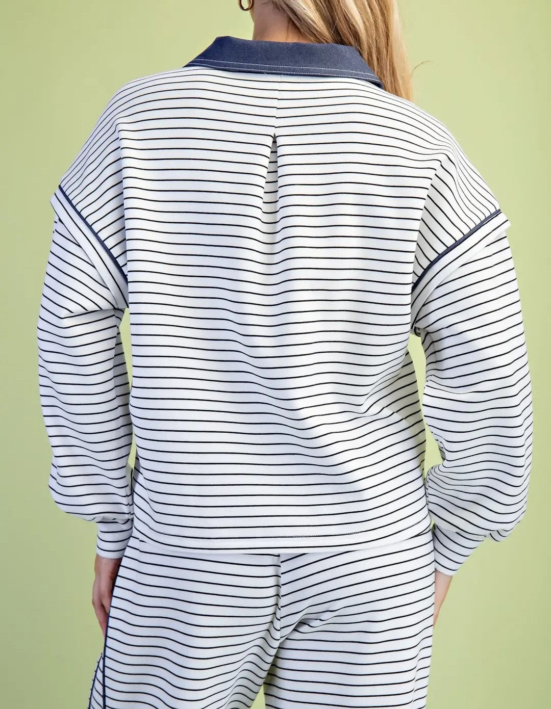 BLACK/WHITE STRIPE DENIM CONTRAST COLLAR LONG SLEEVE KNIT TOP