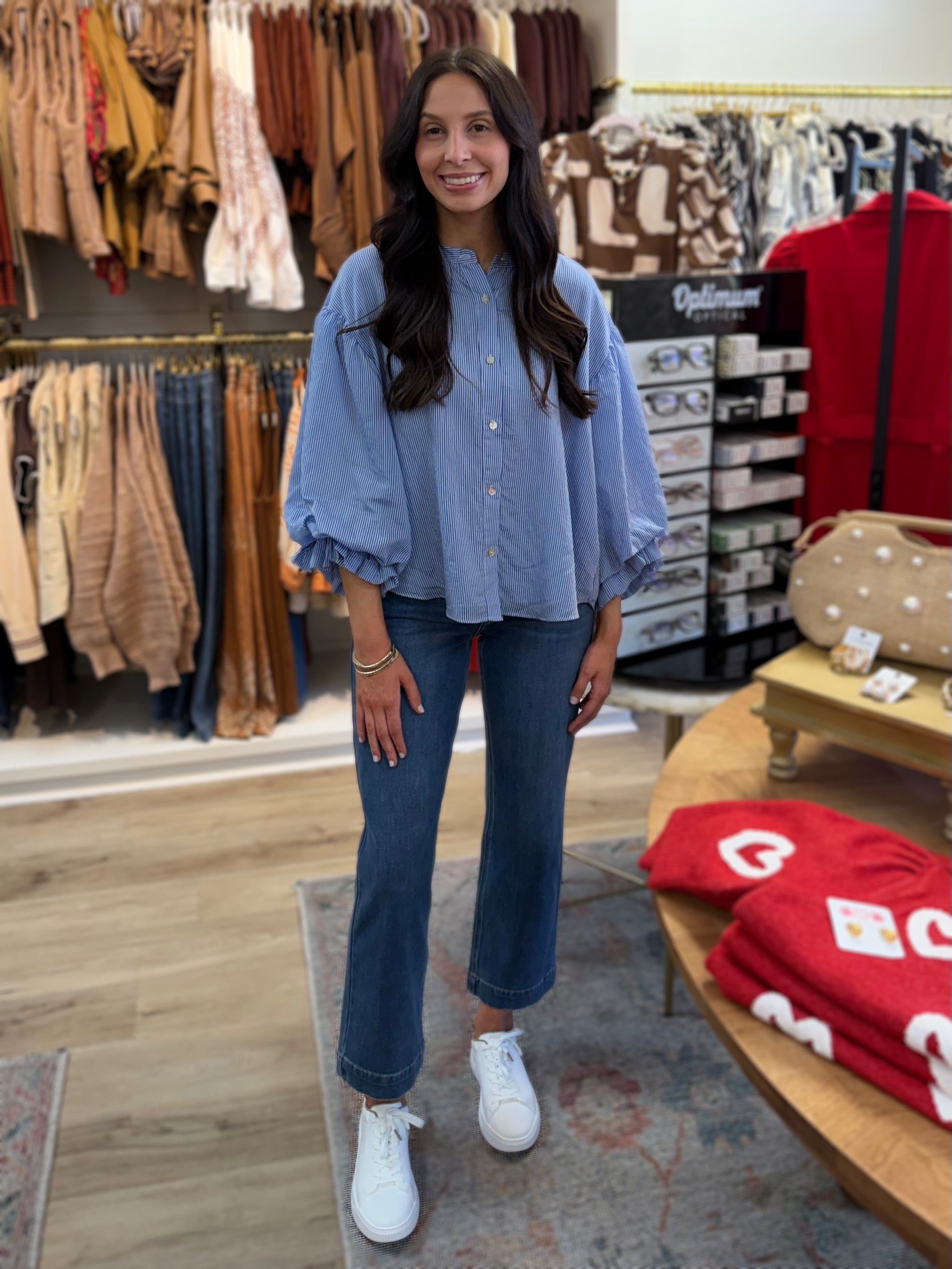 BLUE PINSTRIPE VOLUMINOUS BUBBLE SLEEVE BLOUSE