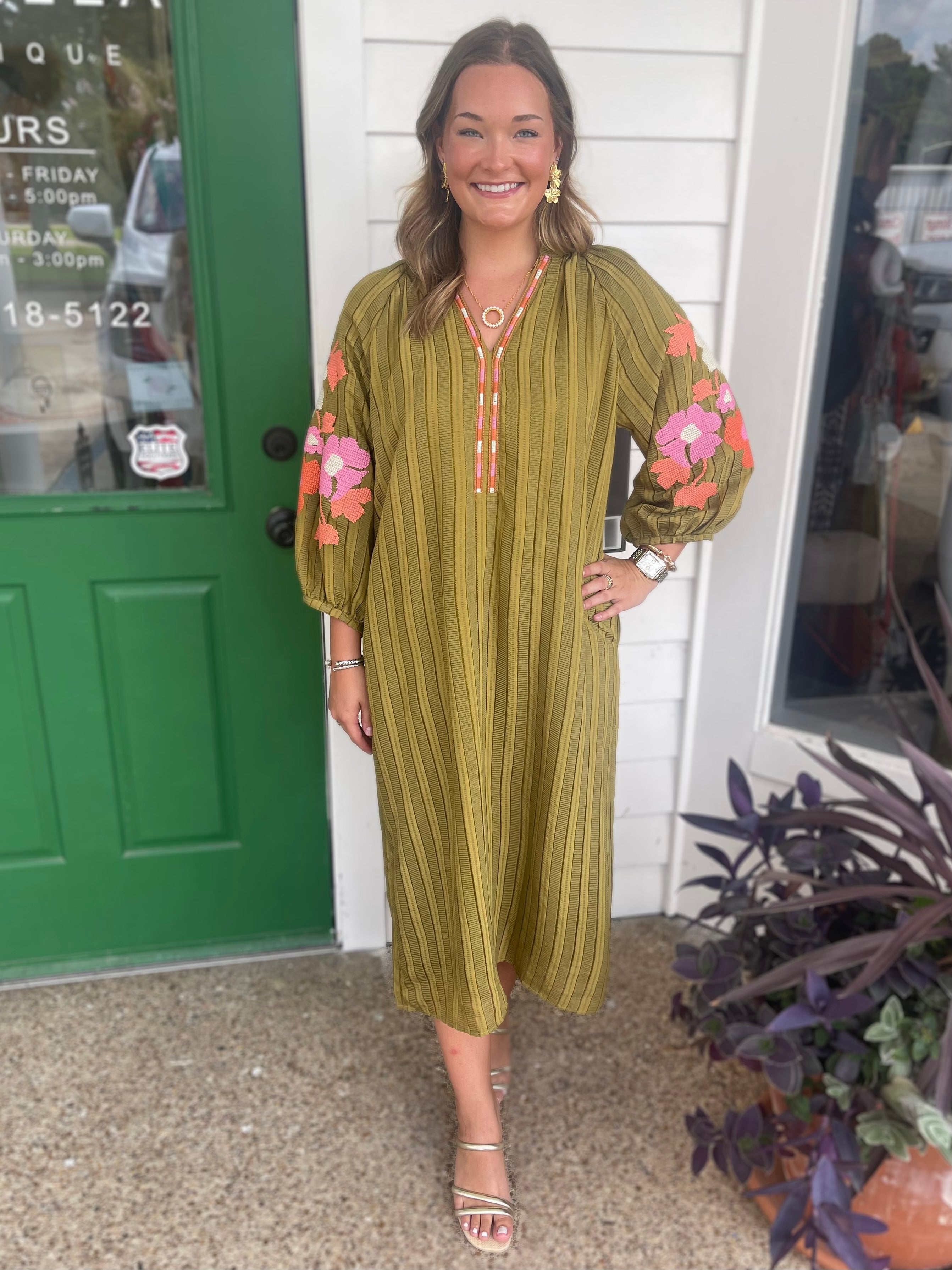 OLIVE GREEN STRIPE & FLORAL EMBROIDERED PUFF SLEEVE MAXI DRESS