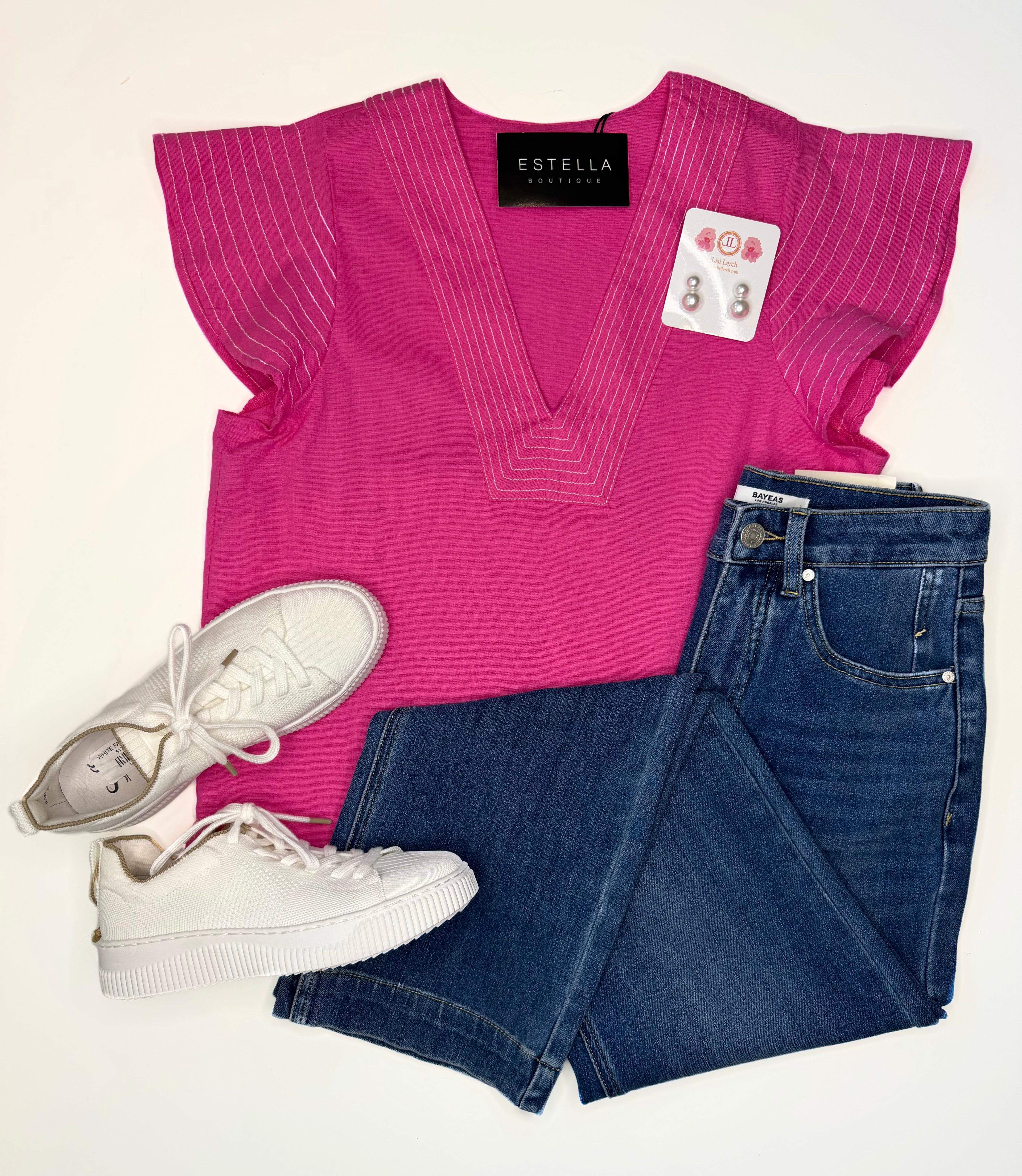 PINK CONTRAST STITCH SHORT RUFFLE SLEEVE VNECK TOP