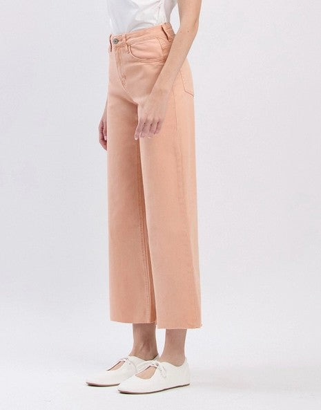 SOFT SAND HIGH RISE RAW HEM ANKLE WIDE LEG JEANS