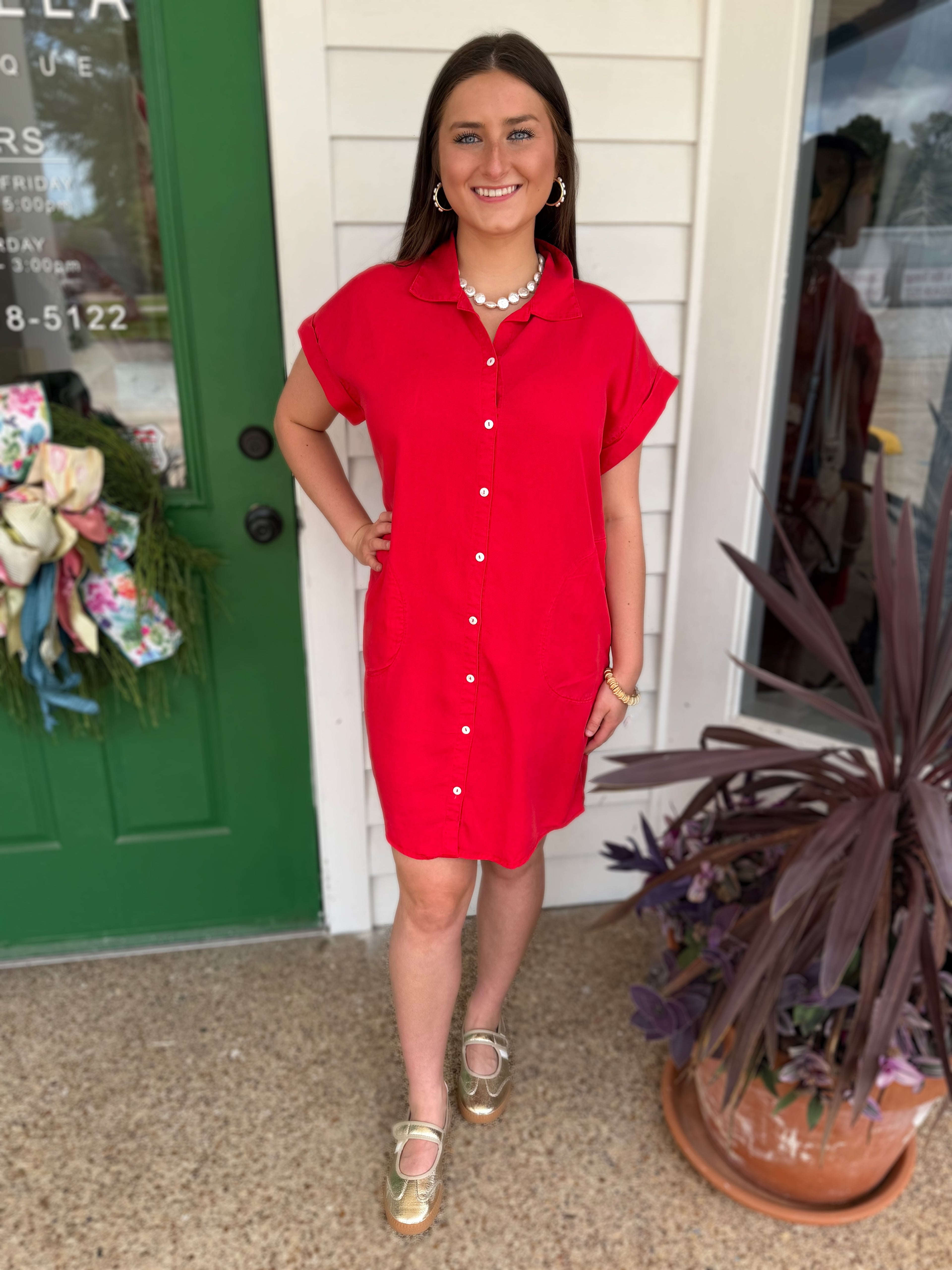 RED TENCEL BUTTON UP POCKET SHIRT MINI DRESS