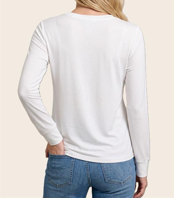 WHITE CREW NECK LONG SLEEVE JERSEY TOP