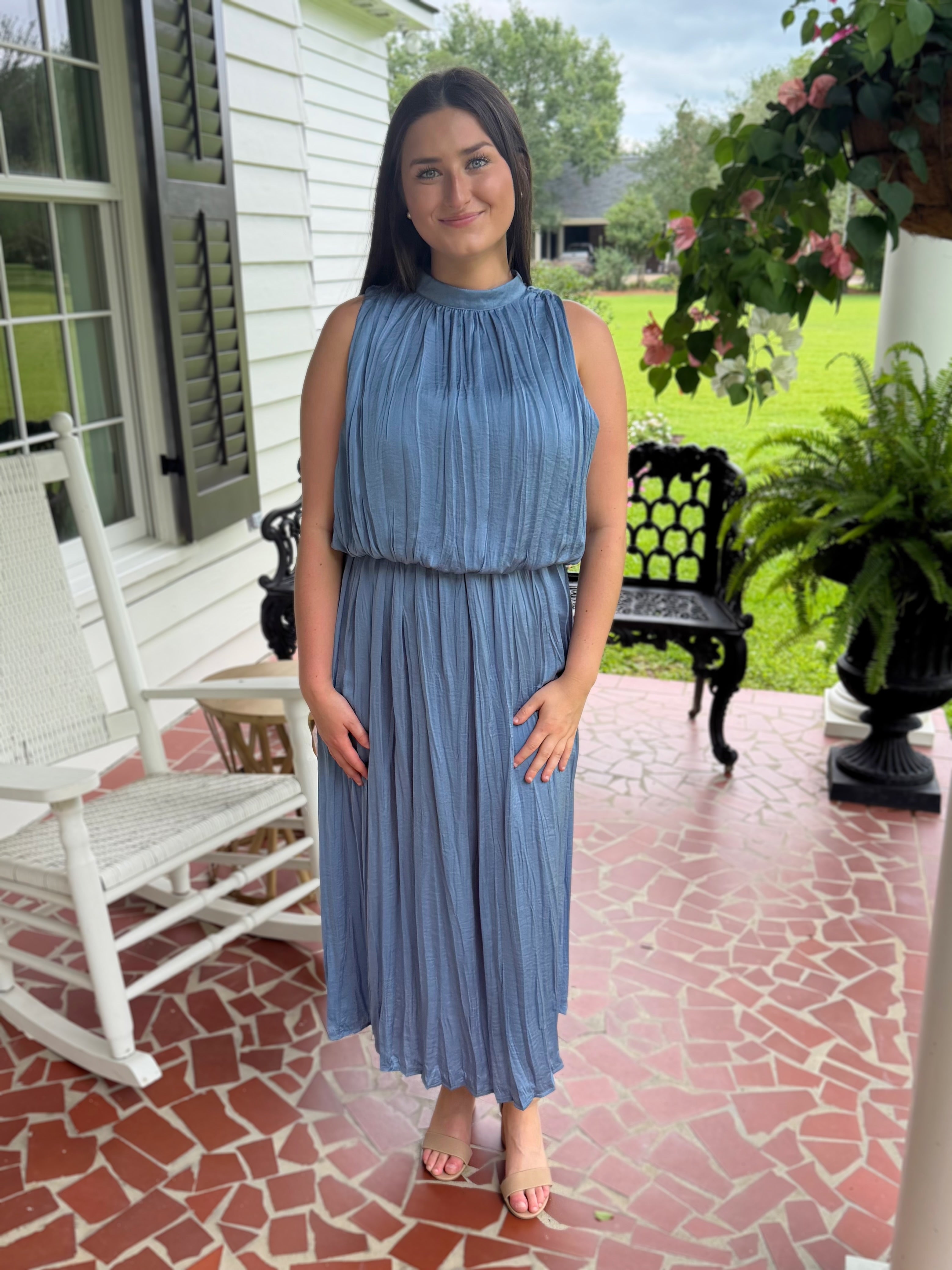 SLATE PLEATED SLEEVELESS SOFT MIDI DRESS