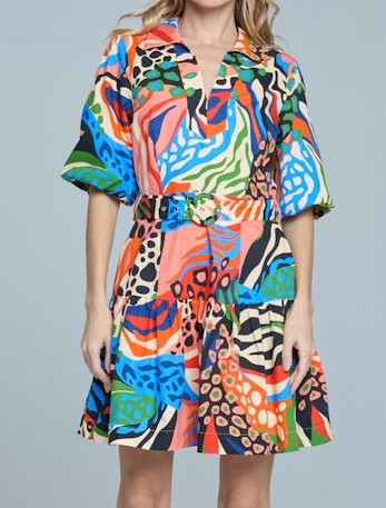 RED MULTI PRINTED BUBBLE SLEEVE AZULA MINI DRESS
