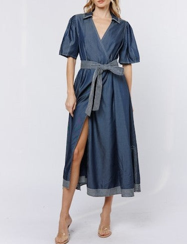 BLUE DENIM TRUE WRAP ROSANNA MIDI DRESS