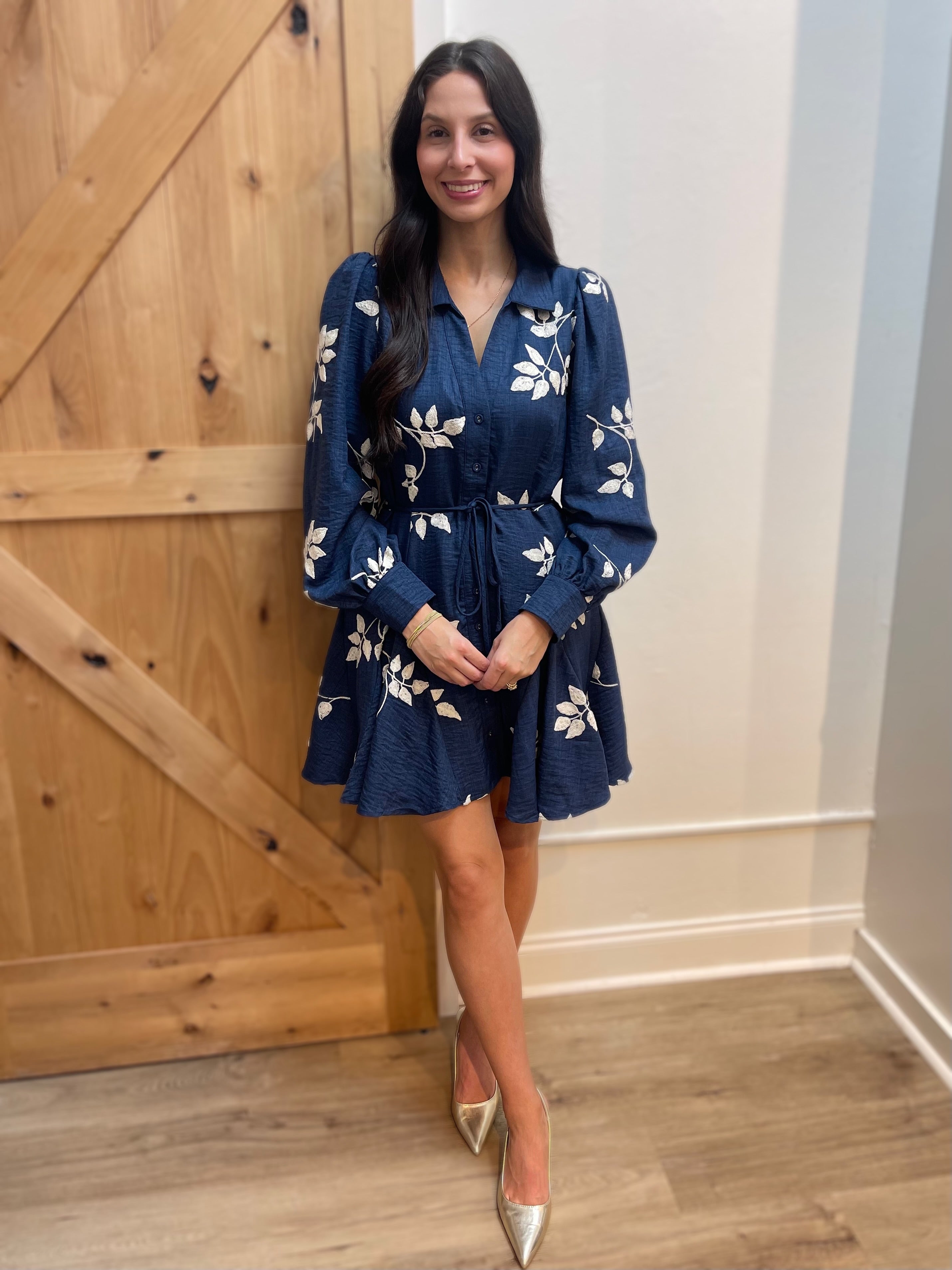 NAVY/WHITE EMBROIDERED LONG SLEEVE BUTTON DOWN MINI DRESS