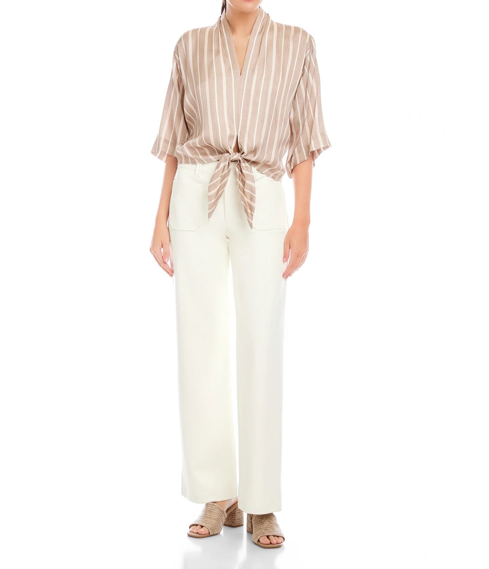 KHAKI STRIPED TIE FRONT BERNICE TOP