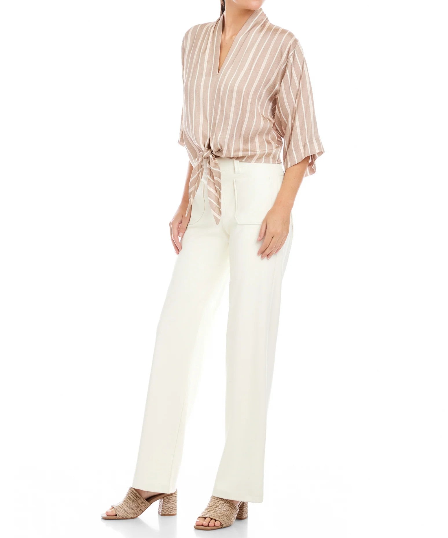 KHAKI STRIPED TIE FRONT BERNICE TOP