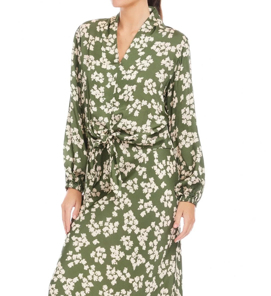 GREEN/OFF WHITE LEAF PRINT TIE-FRONT SCARLET TOP