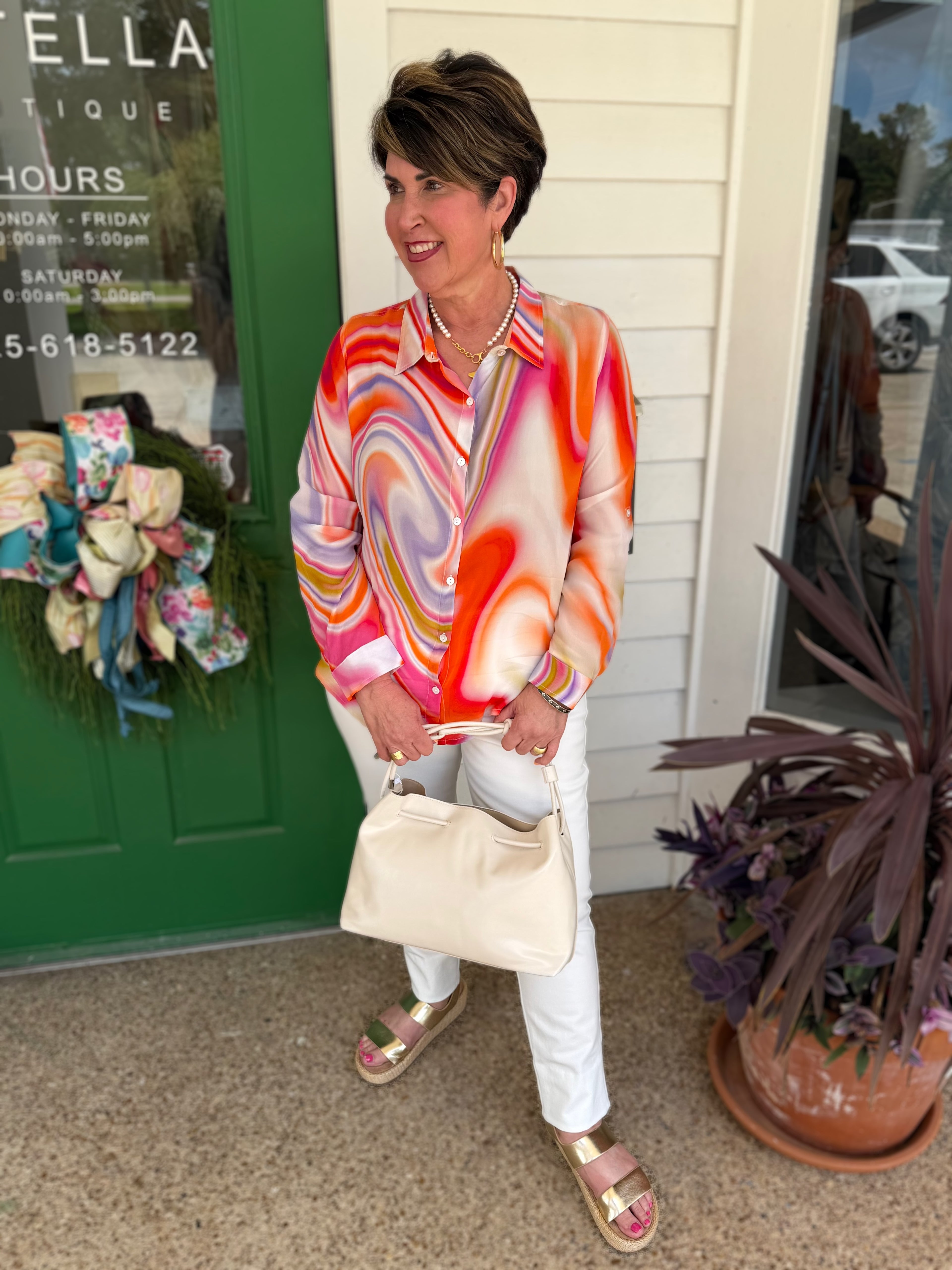 ORANGE MULTI HEATWAVE SWIRL PRINT ROLL UP SLEEVE BUTTON UP TOP