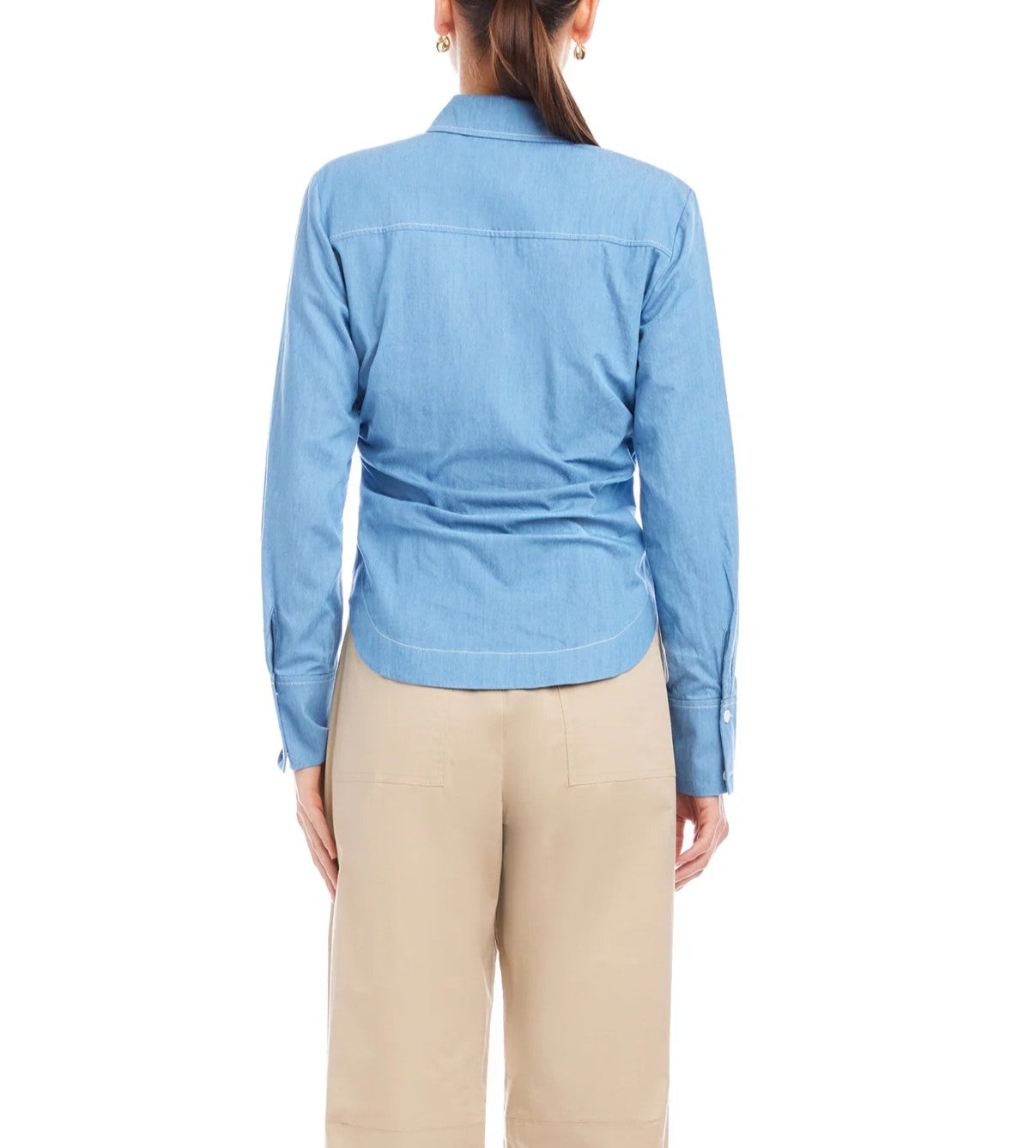 BLUE CHAMBRAY SIDE-SHIRRED LONG SLEEVE NORLYN SHIRT