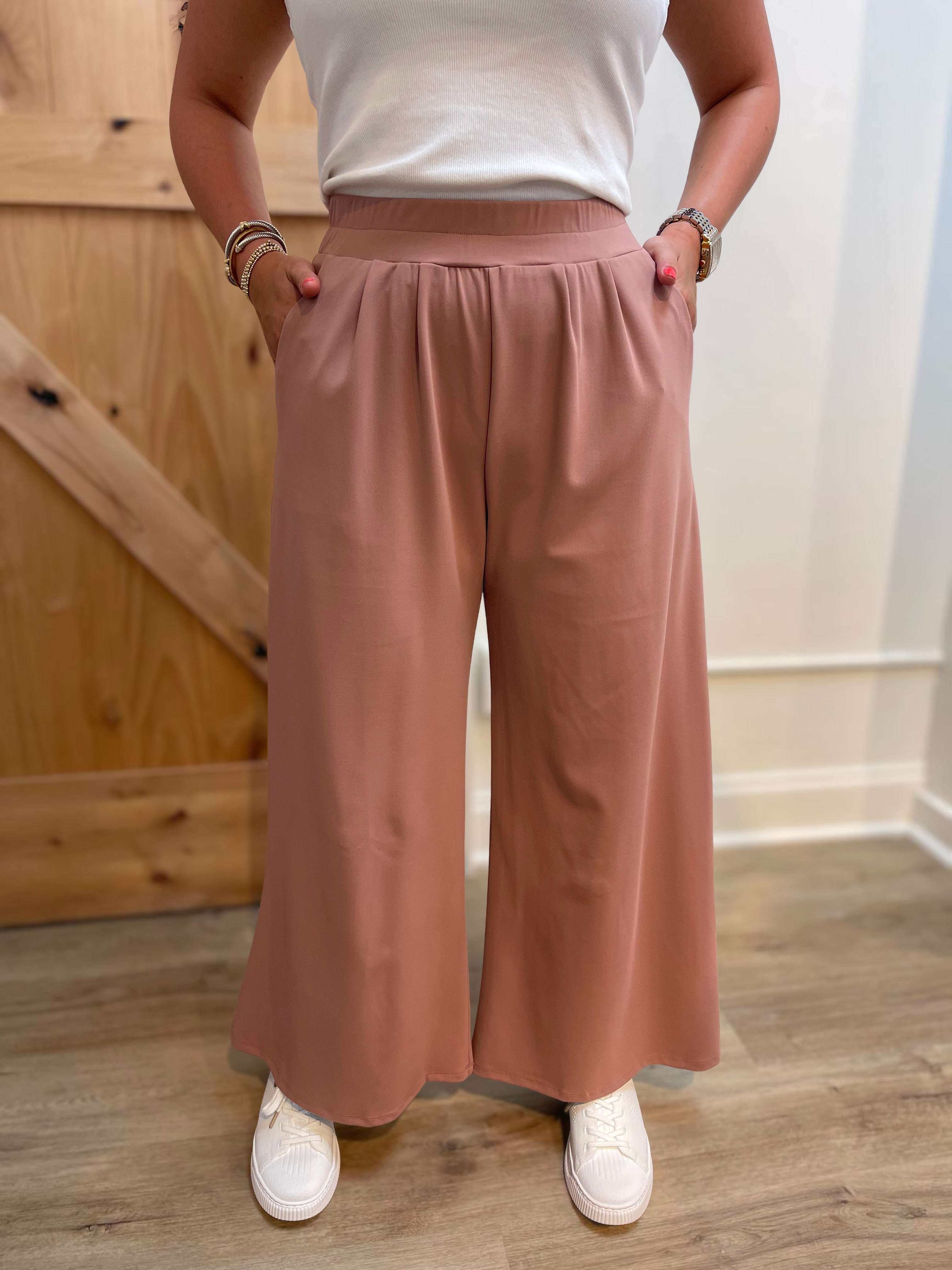 DUSY ROSE STRETCH YOGA KNIT WIDE LEG PLEATED PALAZZO PANTS