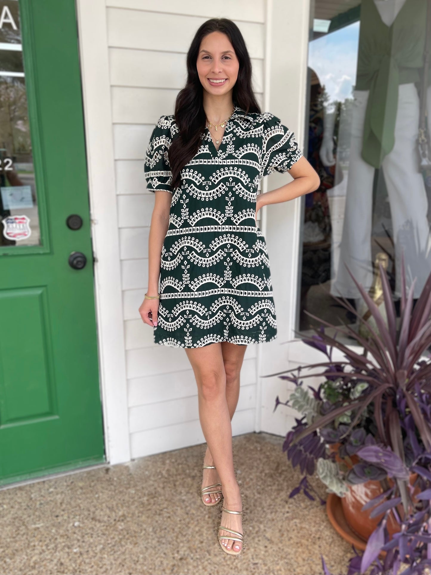 HUNTER GREEN EMBROIDERED GEOMETRIC PRINT PUFF SLEEVE MINI DRESS