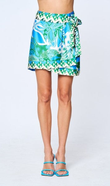 BLUE TURTLE PRINT JENISHA WRAP MINI SKIRT