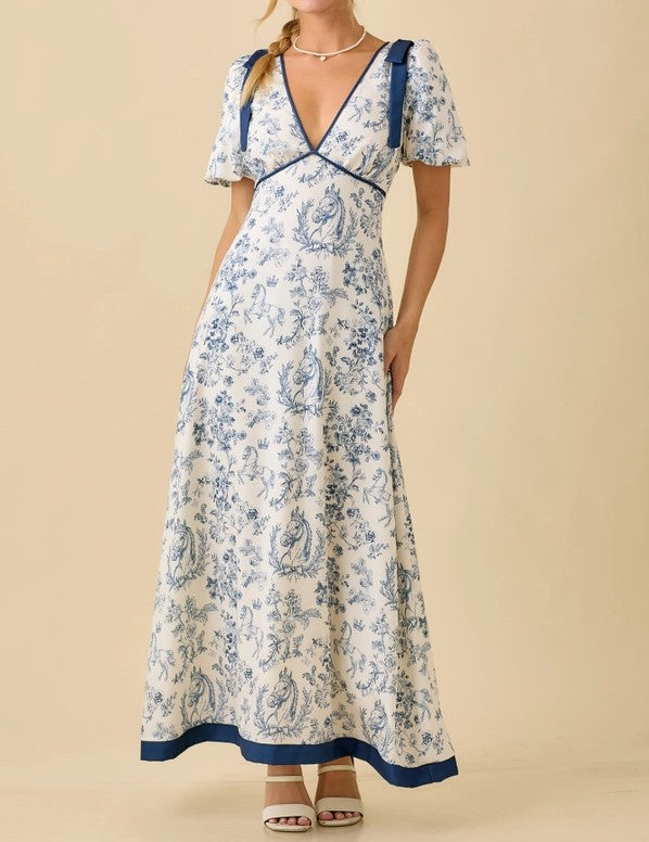DARK NAVY FLORAL PRINT DEEP VNECK BUBBLE SLEEVE MAXI DRESS