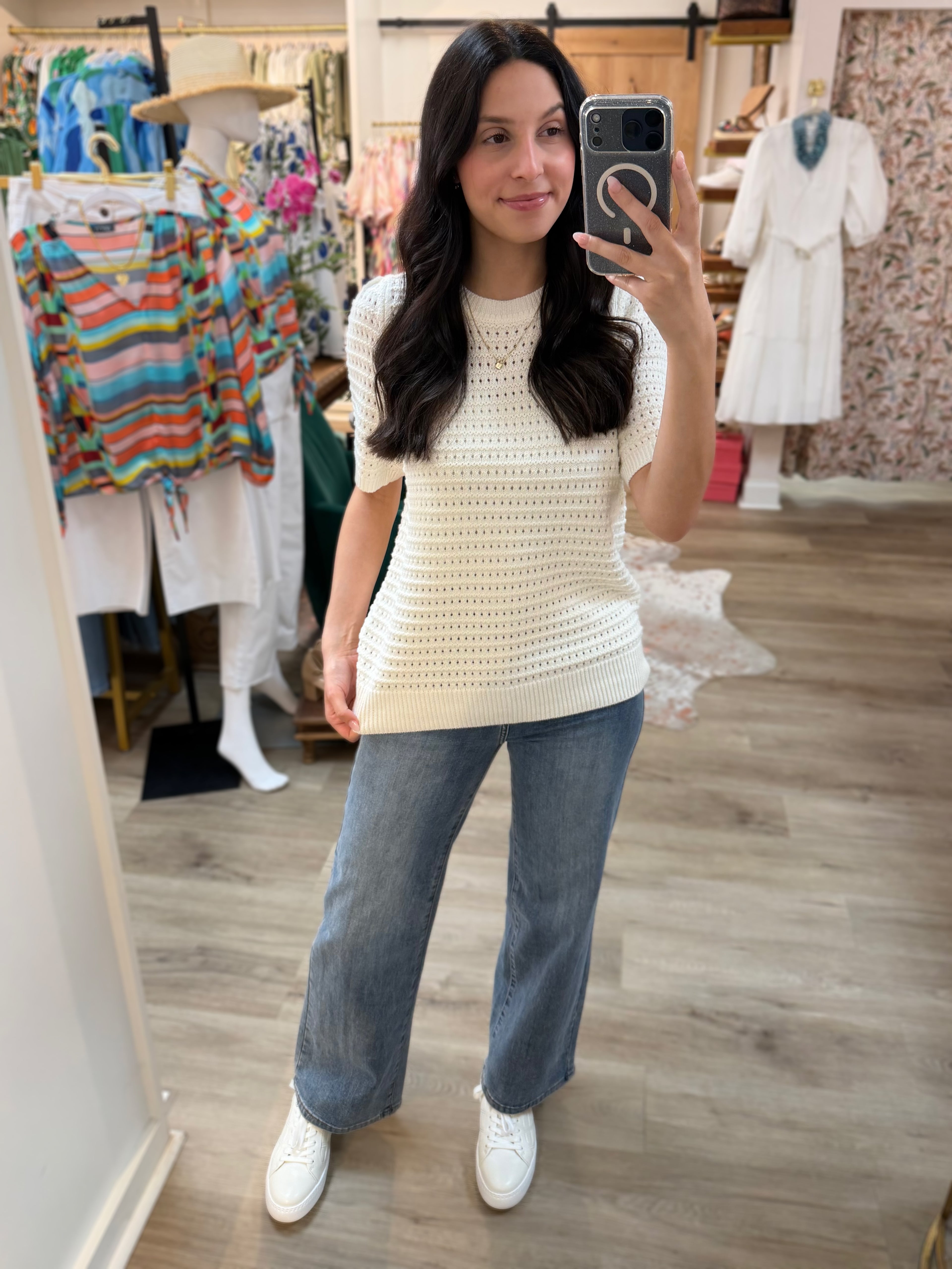 OFF WHITE OPEN WEAVE POINTELLE SHORT PUFF SLEEVE SWEATER TOP