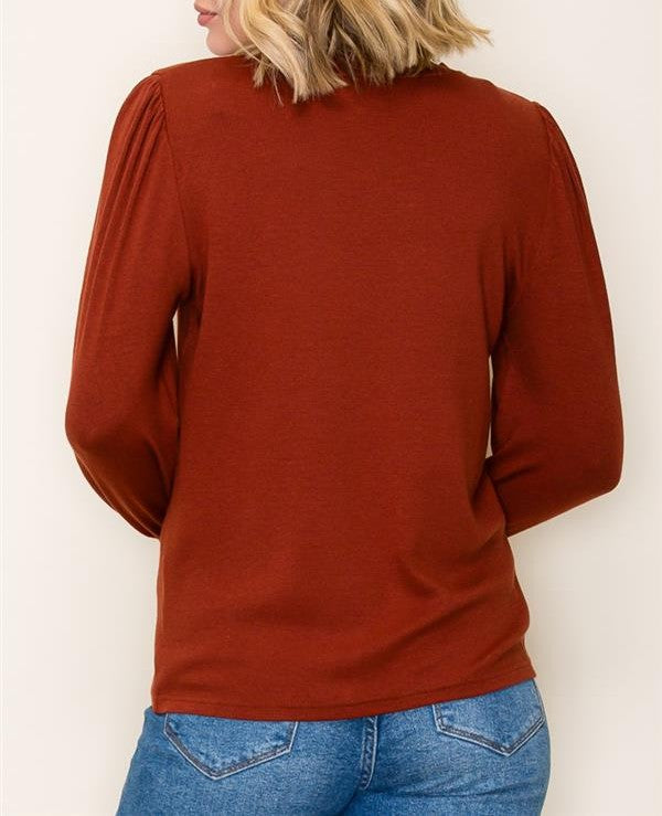 RUST LONG SMOCKED CUFF SLEEVE KNIT TOP