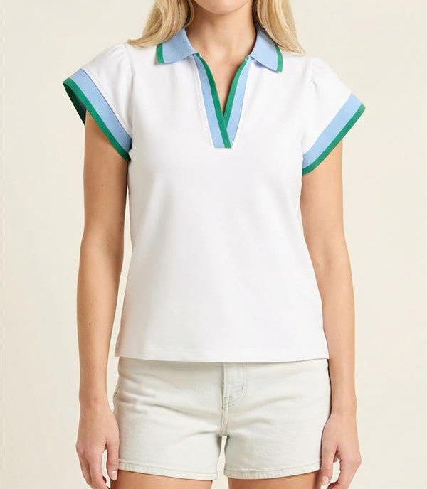 OFF WHITE/BLUE/GREEN CONTRAST BAND POLO TOP