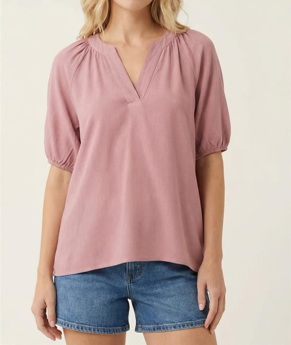 DARK MAUVE LINEN SPLIT V NECK SHORT PUFF SLEEVE TOP
