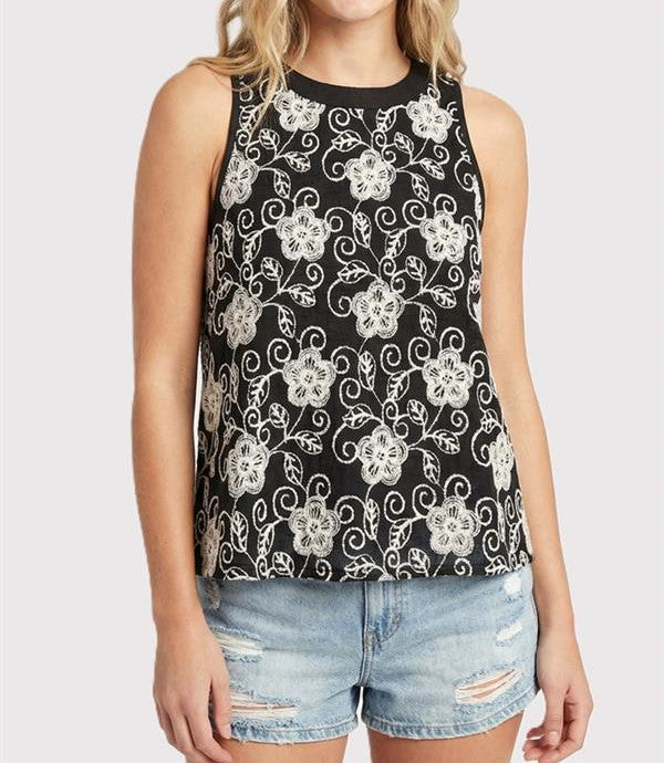 BLACK FLORAL EMBROIDERED SLEEVELESS TANK TOP